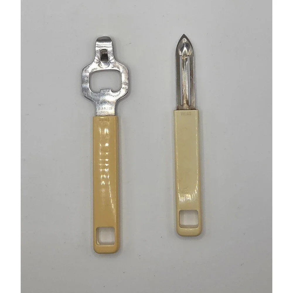 VTG Kamenstein Vegetable Peeler & Bottle Opener Church Key Tan Handle Lot of 2